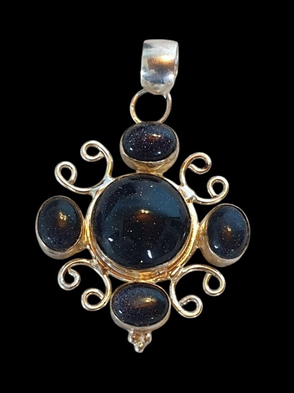 Vintage 925 Sterling Silver Dark Charcoal Goldstone Celestial Sparkle Pendant